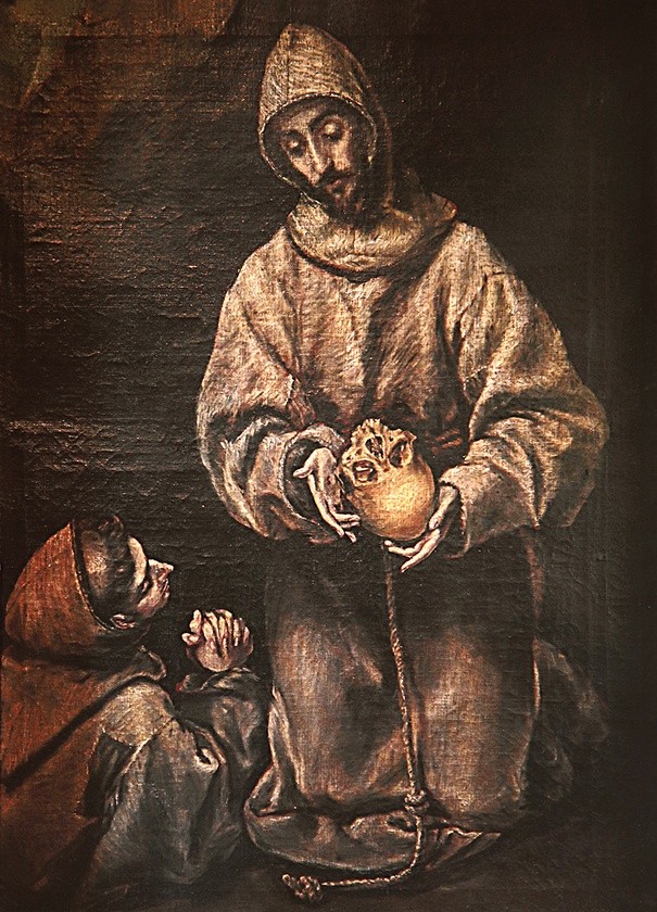 Franciszek z bratem Leonem medytujący o śmierci, olej  na płótnie, 1597–1600.
