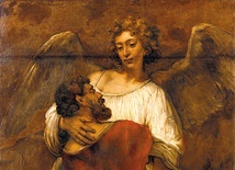 Walka Jakuba z aniołem, Rembrandt Harmenszoon van Rĳn, 1659, olej na płótnie, Galeria Malarstwa w Berlinie.