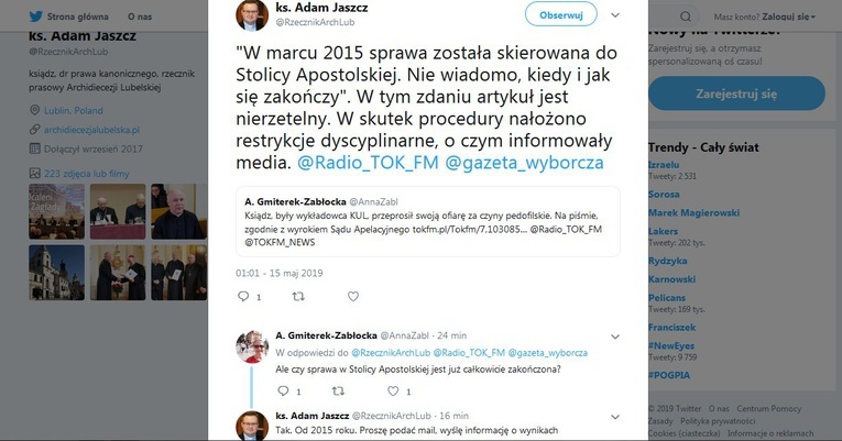 Reakcja rzecznika archidiecezji lubelskiej na nierzetelność "Tok FM" i "Gazety Wyborczej" w sprawie ks. Waleriana S.
