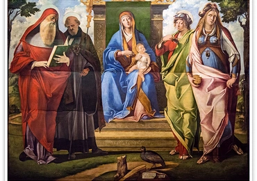 Benedetto Rusconi zwany Benedetto Diana "Maryja z Dzieciątkiem i świętymi", olej i tempera na desce 1500–1510, Galeria dell’Accademia, Wenecja