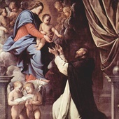 Guido Reni „Madonna z Dzieciątkiem,  św. Dominik i tajemnice Różańca” . Olej na płótnie, ok. 1598 bazylika San Luca, Bolonia 