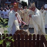 Kamień ustawiony przy dębie „Ludwik”, który będzie żywą pamiątką obchodów, odsłonili biskupi Henryk Tomasik (z lewej) i Artur Miziński.
