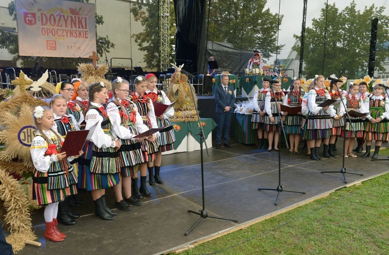 Tegorocznemu obrzędowi dożynkowemu przewodzili mieszkańcy wsi Ostrów. W środku wiceburmistrz Tomasz Łuczkowski.