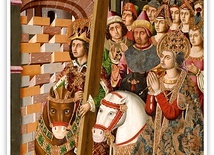 Miguel Ximénez "Wjazd cesarza Herakliusza i św. Heleny z prawdziwym krzyżem do Jerozolimy", olej na desce 1481–1487, Museo de Zaragoza Saragossa