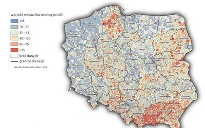 Mapa wskaźnika dominicantes i communicantes wg parafii