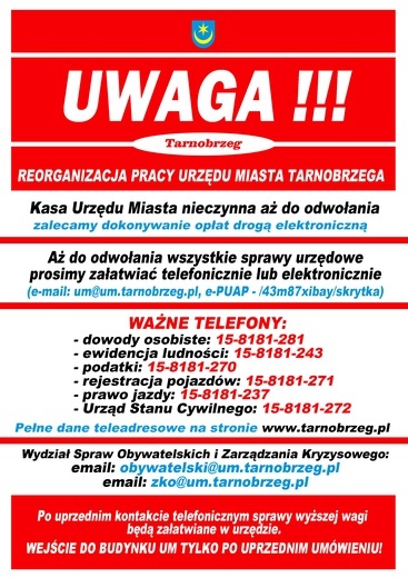 Tarnobrzeg. Od wtorku Urząd Miasta zamknięty 