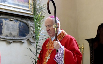 Biskup z gałązką palmową w czasie odczytywania Ewangelii.