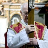 Cierpienie i skupienie wymalowane na twarzy biskupa ukazującego wiernym krzyż.