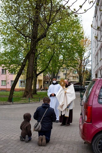 Nieliczni spacerujący mieszkańcy przyklękali przez Najświętszym Sakramentem.