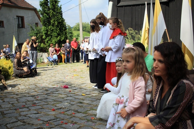 Procesja Bożego Ciała po kwietnych dywanach w Kluczu