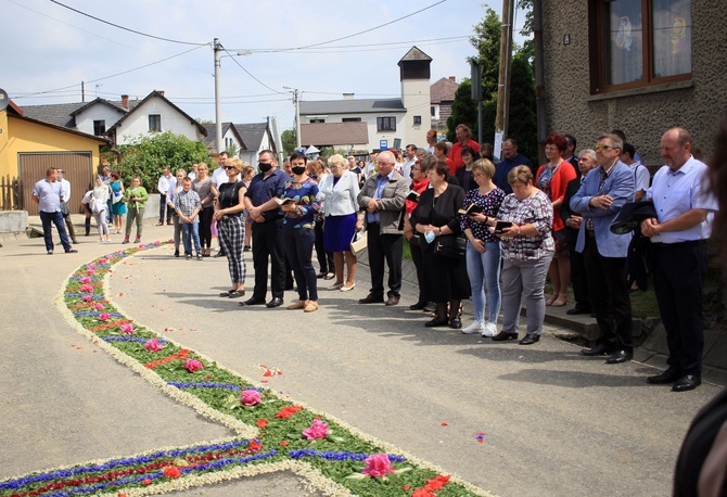 Procesja Bożego Ciała po kwietnych dywanach w Kluczu