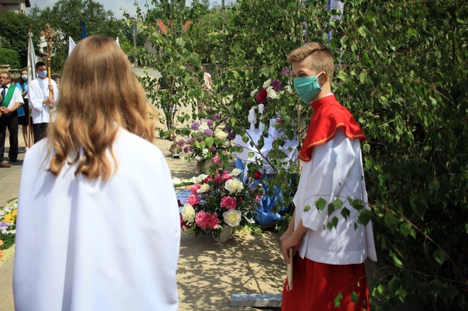 Procesja Bożego Ciała po kwietnych dywanach w Kluczu