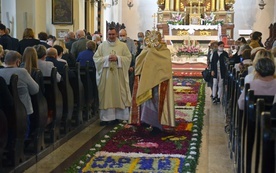 Codziennie w czasie oktawy Bożego Ciała kapłani niosą Chrystusa idąc po kwietnym dywanie.