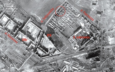 Burgweide na zdjęciu lotniczym wykonanym 1 lutego 1945 r. przez aliantów. Naniesiono współczesne nazwy punktów orientacyjnych.