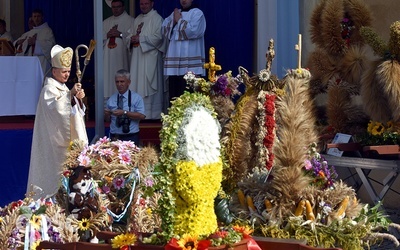 Biskup w czasie pokropienia wieńców dożynkowych.