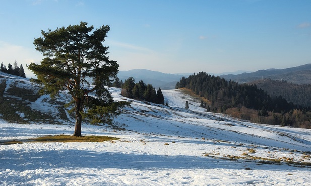 Beskidy. Trudne warunki na szlakach; góry są przybielone