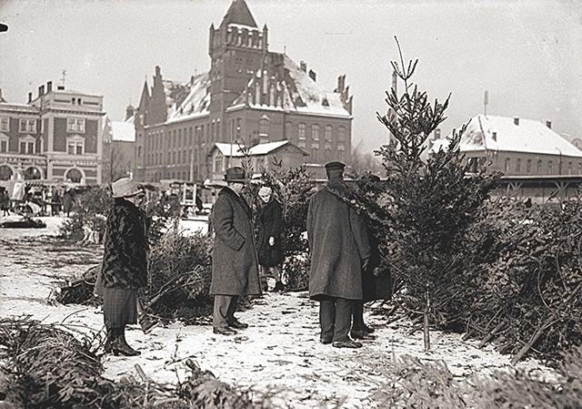 ►	Sprzedaż choinek, zdjęcie zrobione nie później niż w 1930 roku.