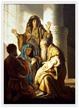 Rembrandt Harmenszoon van Rijn "Symeon i Anna w świątyni", olej na desce, 1627 r. Kunsthalle, Hamburg