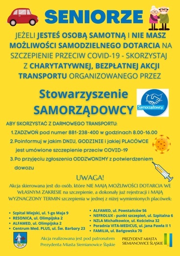 Siemianowice Śląskie. Wolontariusze dowożą seniorów na szczepienie. Każdy chętny może pomóc