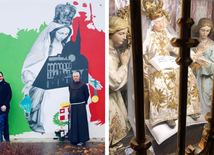 Po lewej mural, a po prawej - Madonna Motteńska, której hołd oddają mieszkańcy i rzesze pielgrzymów.