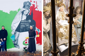 Po lewej mural, a po prawej - Madonna Motteńska, której hołd oddają mieszkańcy i rzesze pielgrzymów.