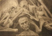 Obraz św. Maksymiliana z prezentowanej w Harmężach wystawy prac prof. Mariana Kołodzieja, byłego więźnia KL Auschwitz-Birkenau.