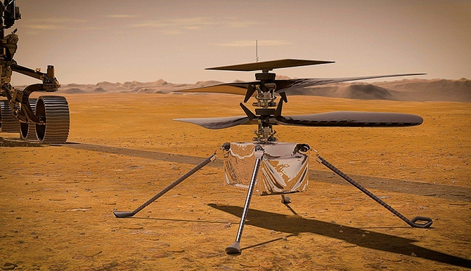 Wizualizacja przedstawiająca najnowszy eksperyment na powierzchni Marsa: łazik Perseverance i helikopter Ingenuity.