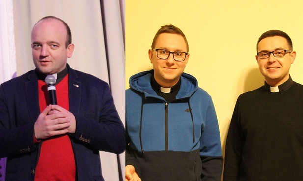 Od lewej: ks. Tomasz Sroka, ks. Jakub Kuliński i ks. Damian Broda zapraszają na modlitwę za maturzystów.