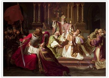 Juliusz Knoor Biskup Stanisław Szczepanowski rzucający klątwę na króla Bolesława Śmiałego olej na płótnie, ok. 1840Muzeum Narodowe, Kraków