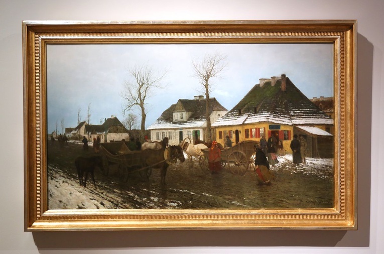 Obraz Maksymiliana Gierymskiego "Zima w małym miasteczku" po konserwacji