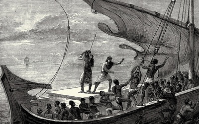 Grafika z 1874 roku przedstawiająca arabskich niewolników próbujących zbiec z brytyjskiego statku Royal Navy.