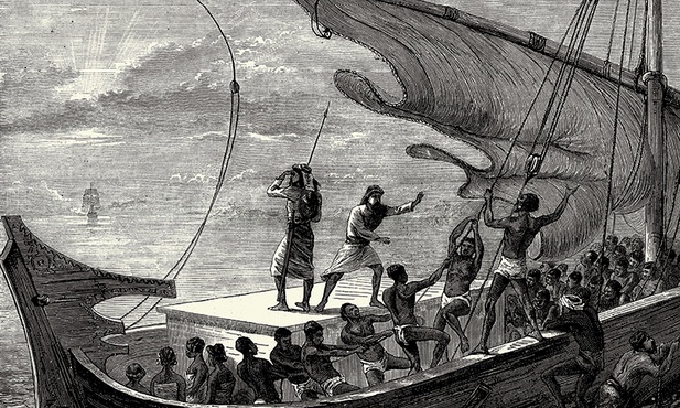 Grafika z 1874 roku przedstawiająca arabskich niewolników próbujących zbiec z brytyjskiego statku Royal Navy.