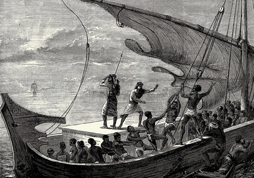 Grafika z 1874 roku przedstawiająca arabskich niewolników próbujących zbiec z brytyjskiego statku Royal Navy.