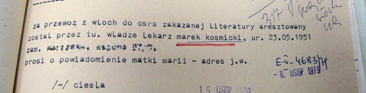 Szyfrogram przysłany do Warszawy  przez Konsulat Generalny PRL w Ostrawie. Konsul informuje w nim polskie władze o aresztowaniu Marka Kośmickiego w Czechosłowacji.