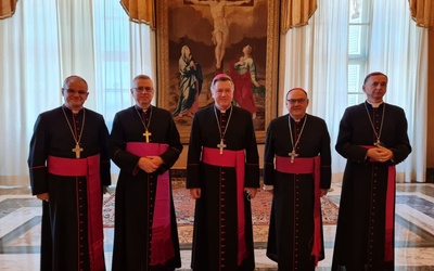Biskupi z całej metropolii wrocławskiej razem w jednej z watykańskich sal.