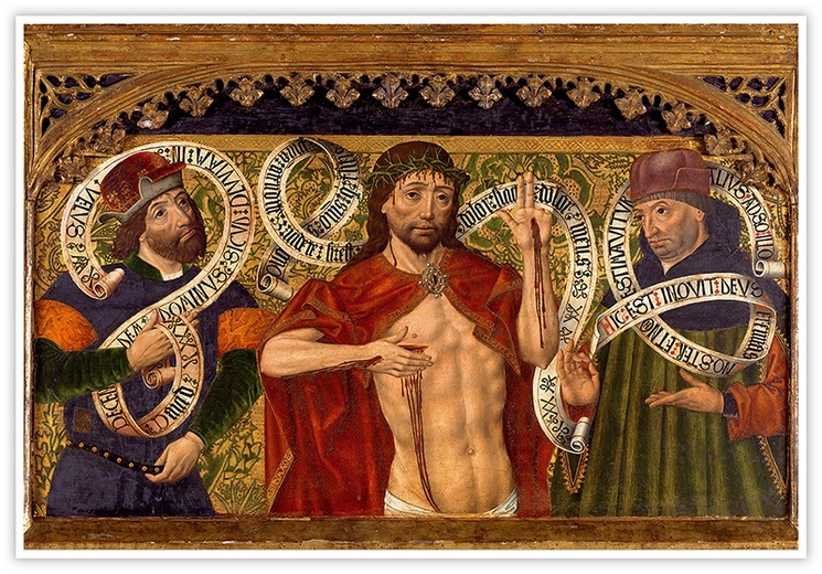 Diego de la Cruz "Chrystus z prorokami Dawidem i Jeremiaszem", olej i tempera na desce 1495–1500, Muzeum Prado, Madryt