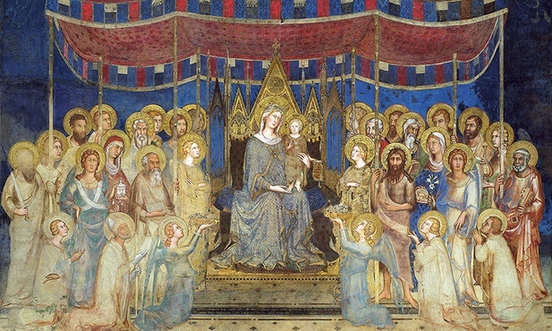 Maesta. Fresk autorstwa Simone Martiniego. Północna ściana Sali del Mappamondo w Palazzo Pubblico w Sienie.