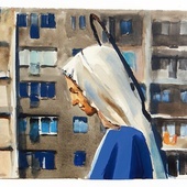 52-letni artysta przedstawia migawki z życia miasta,  wśród których nie brakuje nawiązań do katolicyzmu.