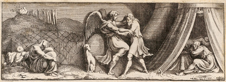 Pietro Santi Bartoli, Jakub walczący z aniołem, rycina na podstawie nieistniejącego dziś fresku  z Loggii watykańskich, 1650–1677, Metropolitan Museum of Art.