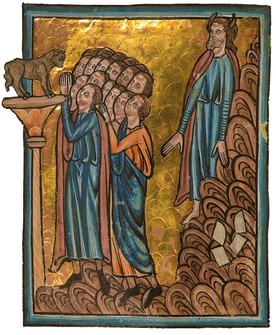 William de Brailes, Izraelici oddają cześć złotemu cielcowi, miniatura z cyklu ilustracji do Biblii, ok. 1250 r.