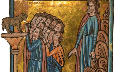 William de Brailes, Izraelici oddają cześć złotemu cielcowi, miniatura z cyklu ilustracji do Biblii, ok. 1250 r.