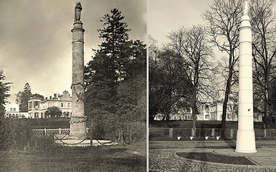 Po lewej zdjęcie kolumny maryjnej z lat 20. XX w. z posągiem Maryi z Dzieciątkiem Jezus. Po prawej – monument obecnie.