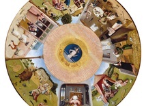Dama przegląda się w lustrze, a tam zamiast jej odbicia ukazuje się demon. Tak Bosch ukazał  w sposób symboliczny grzech pychy.
(Hieronymus Bosch „Siedem grzechów głównych”, olej na blacie stołu, ok. 1480, Muzeum Prado, Madryt.)