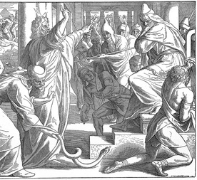 Rycina z Biblii wydanej w 1909 r. Ilustracja do Księgi Wyjścia 7,6: Mojżesz i Aaron uczynili tak, jak im Pan nakazał uczynić.