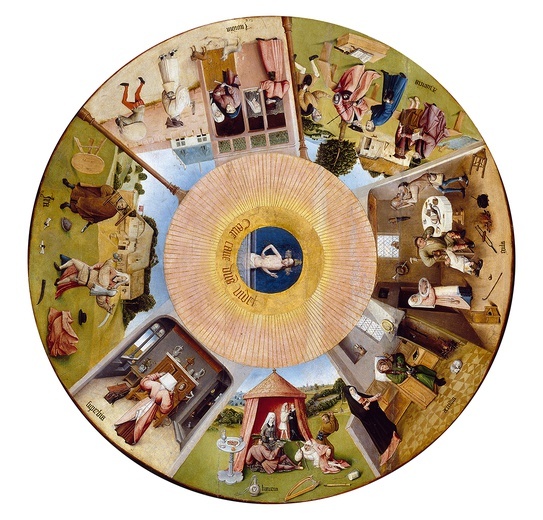 Hieronymus Bosch, „Siedem grzechów głównych”, olej na blacie stołu, ok. 1480,  Muzeum Prado, Madryt.