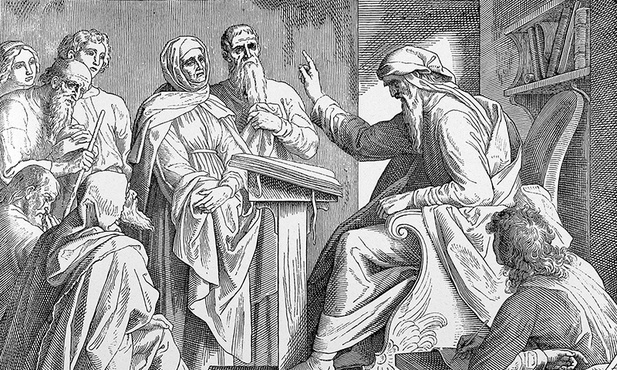 Rycina z Biblii wydanej w 1909 r. Ilustracja do fragmentu Mądrości Syracha 1,8: „Jest Jeden mądry, co bardzo lękiem przejmuje, siedzący na swym tronie”.