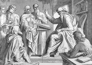 Rycina z Biblii wydanej w 1909 r. Ilustracja do fragmentu Mądrości Syracha 1,8: „Jest Jeden mądry, co bardzo lękiem przejmuje, siedzący na swym tronie”.
