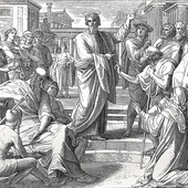 Rycina z Biblii wydanej w 1909 r. Ilustracja do fragmentu Dziejów Apostolskich (17,22;23), opisującego wystąpienie Pawła na ateńskim Areopagu.