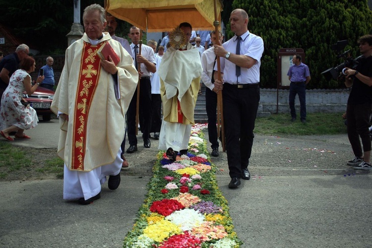 Procesja Bożego Ciała po kwietnych dywanach w Kluczu