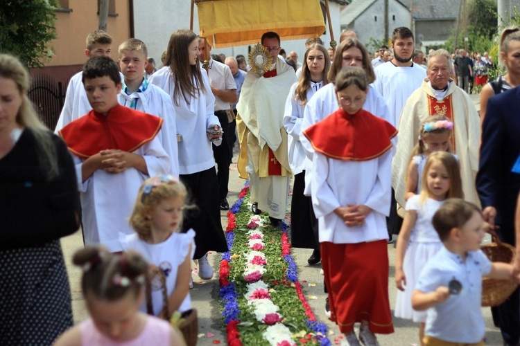 Procesja Bożego Ciała po kwietnych dywanach w Kluczu